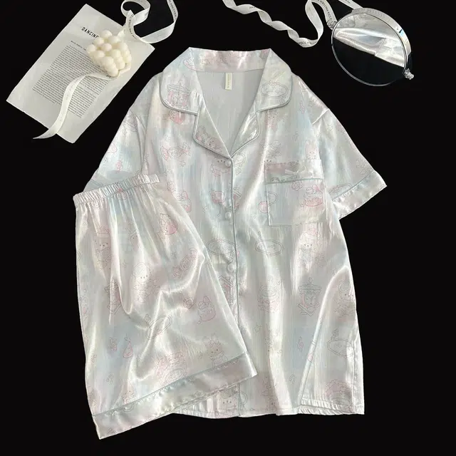 俏韵 翻领卡通夏季冰丝甜美短袖短裤休闲舒适薄款家居服可外穿睡衣套装 女款