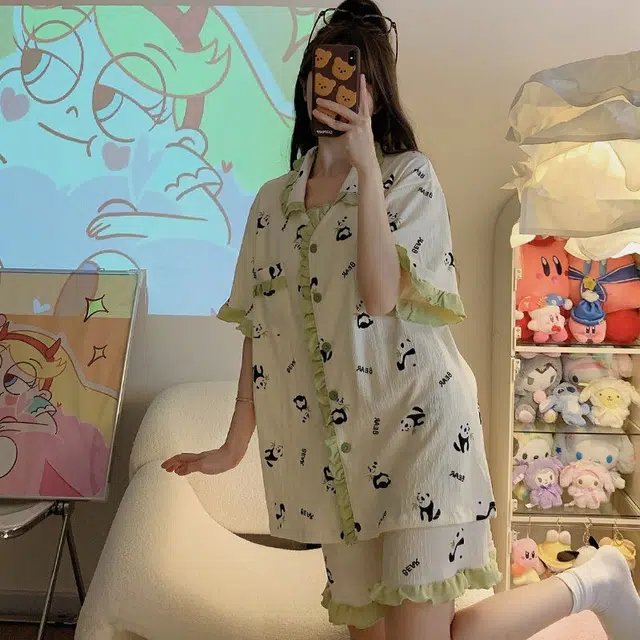 俏韵 翻领短袖可爱花边熊猫休闲居家服外穿睡衣套装 女款 白色