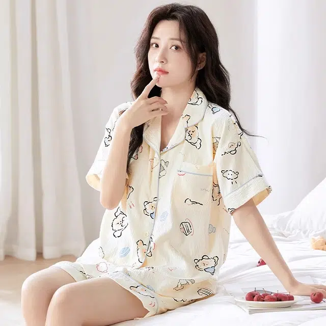 俏韵 翻领卡通夏季云朵棉舒适可爱甜美短袖三件套薄款家居服可外穿睡衣套装 女款