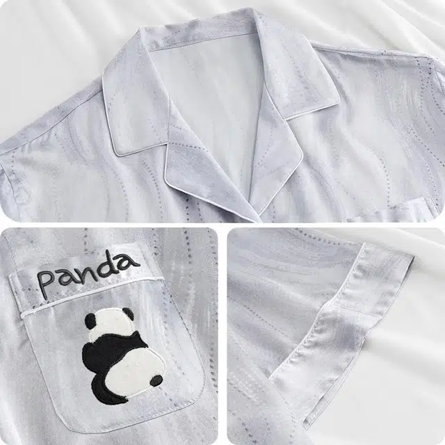 俏韵 翻领冰丝绸短袖长裤三件套高级感熊猫家居服可外穿夏季睡衣套装 男款