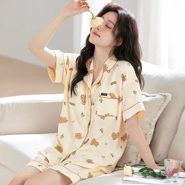 俏韵 翻领卡通云朵棉甜美风宽松短袖短裤薄款家居服可外穿睡衣套装 女款