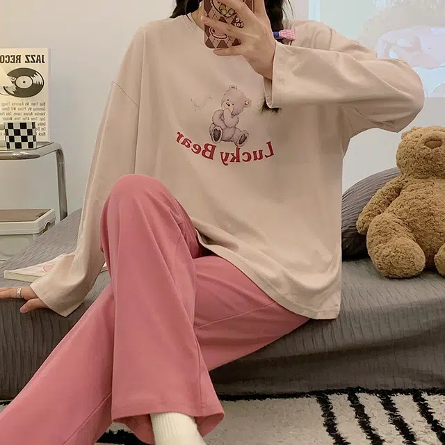 俏韵 圆领春秋季款仿棉长袖简约印花休闲甜美可爱薄款舒适家居服可外穿睡衣套装 女款