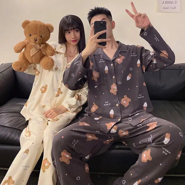 俏韵 翻领卡通春秋季简约印花长袖长裤甜美可爱舒适家居服可外穿睡衣套装 男女同款