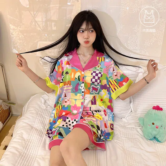 俏韵 多巴胺短袖带胸垫甜美可爱家居服睡衣套装 女款 粉色