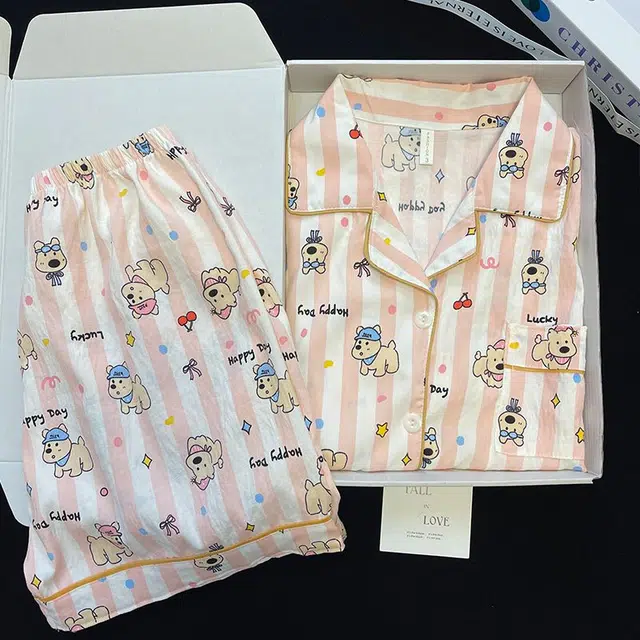 俏韵 翻领卡通夏季云朵棉甜美短袖短裤舒适薄款家居服可外穿睡衣套装 女款