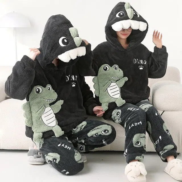 俏韵 连帽卡通恐龙冬季加绒保暖长袖长裤甜美印花可爱舒适家居服可外穿睡衣套装 男女同款