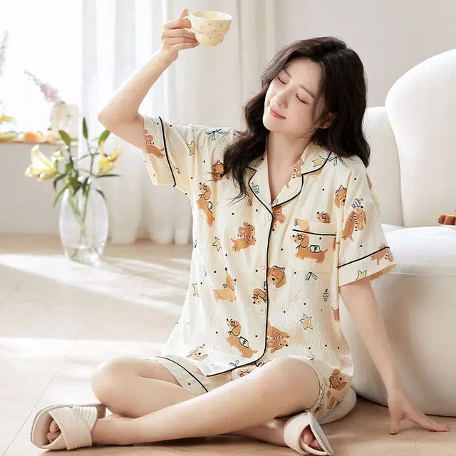 俏韵 翻领卡通甜美短袖三分裤薄款家居服可外穿夏季睡衣套装 女款