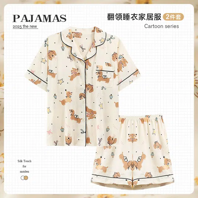 俏韵 翻领卡通甜美短袖三分裤薄款家居服可外穿夏季睡衣套装 女款
