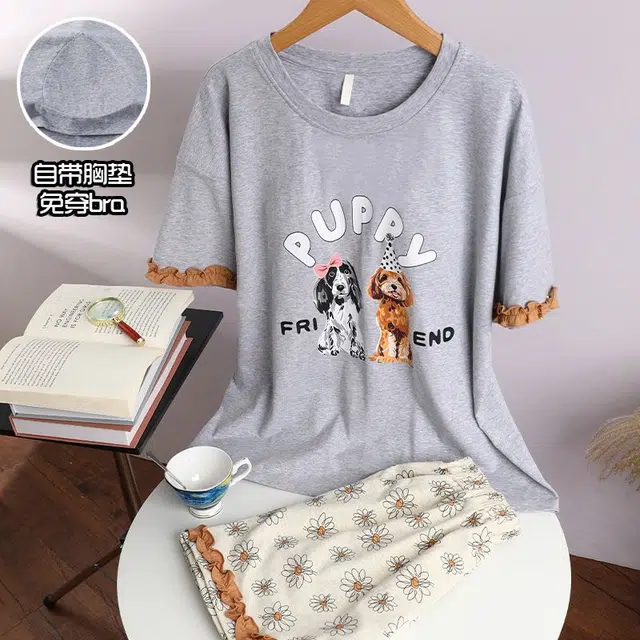 俏韵 圆领卡通短袖可爱甜美带胸垫家居服可外穿三分裤夏季睡衣套装 女款