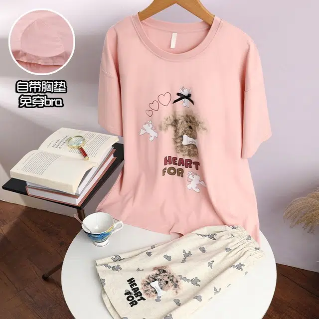俏韵 圆领卡通短袖可爱套头带胸垫甜美家居服可外穿睡衣套装 女款