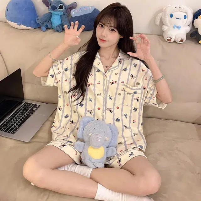 俏韵 翻领短袖薄款甜美可爱家居服可外穿睡衣套装 女款 杏色