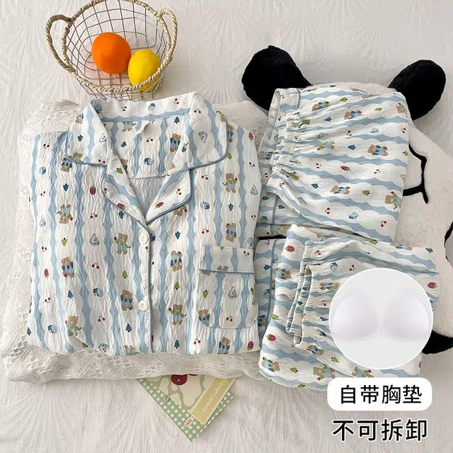 俏韵 翻领卡通夏季款云朵棉带胸垫甜美短袖三件套休闲舒适薄款家居服可外穿睡衣套装 女款