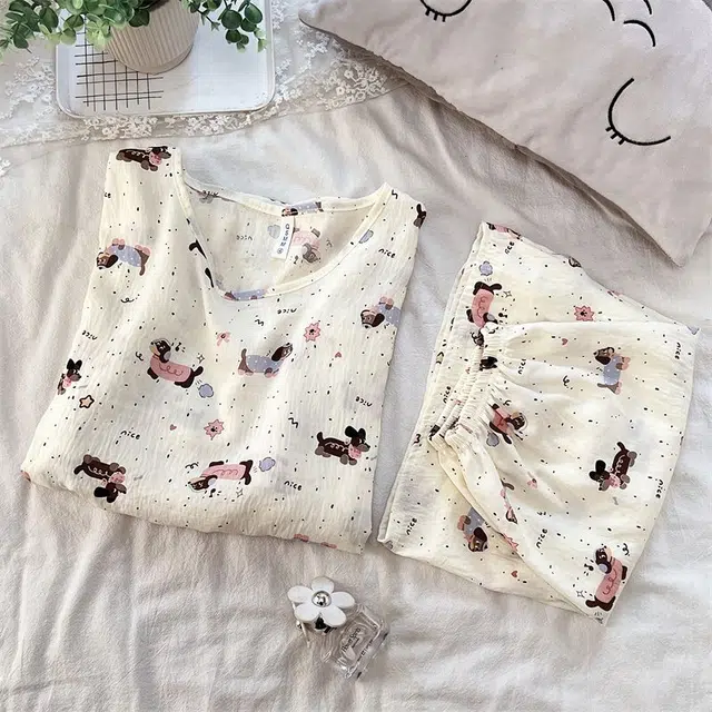 俏韵 圆领卡通腊肠狗夏季云朵棉甜美条纹可爱短袖短裤舒适薄款家居服可外穿睡衣套装 女款