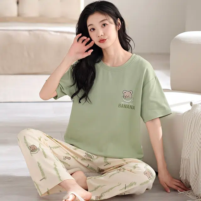 俏韵 圆领卡通夏季款舒适纯棉短袖长裤带胸垫甜美薄款凉感家居服可外穿睡衣套装 女款