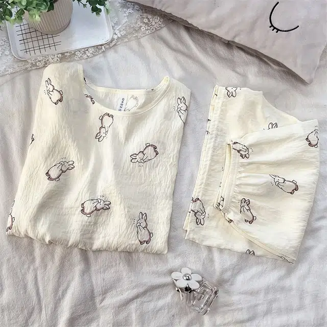 俏韵 圆领卡通兔子夏季云朵棉甜美可爱短袖短裤舒适薄款家居服可外穿睡衣套装 女款