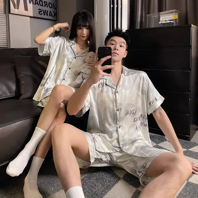 俏韵 翻领短袖高级感薄款凉感家居服可外穿三分裤夏季睡衣套装 男女同款