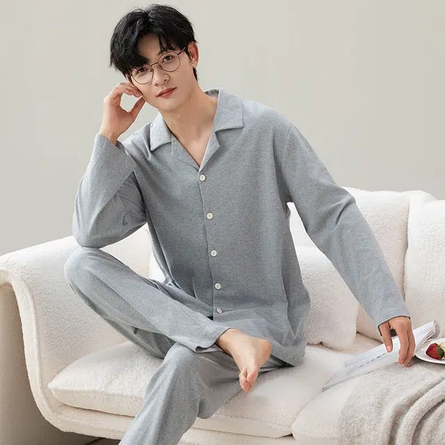 俏韵 翻领春秋季长袖长裤开衫休闲纯色简约风薄款舒适家居服可外穿睡衣套装 男款
