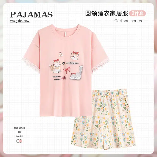 俏韵 圆领卡通短袖可爱带胸垫甜美家居服可外穿三分裤夏季睡衣套装 女款