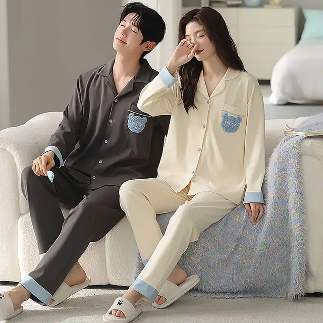 俏韵 翻领卡通春秋季纯棉简约长袖长裤甜美印花可爱舒适家居服可外穿睡衣套装 男女同款