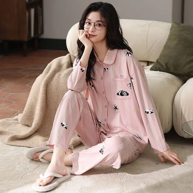俏韵 翻领卡通熊猫春秋季长袖长裤甜美可爱休闲舒适薄款家居服可外穿睡衣套装 女款