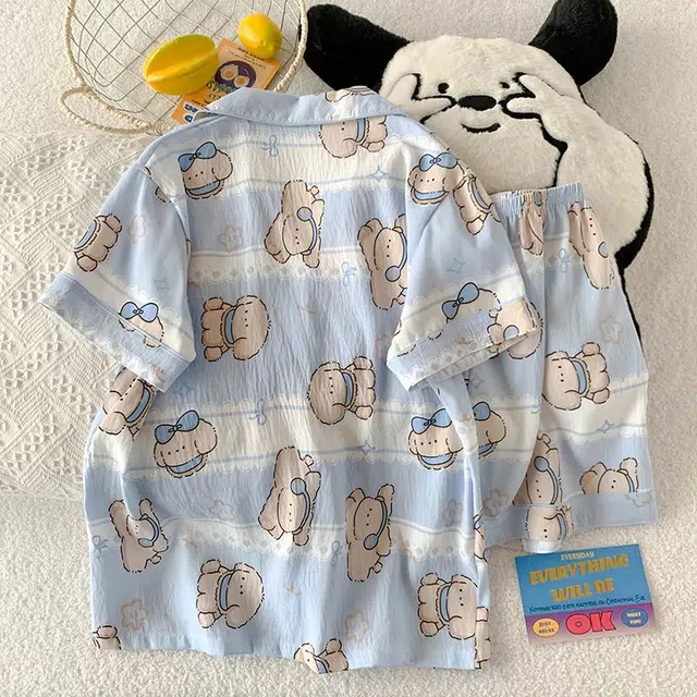 俏韵 翻领卡通夏季云朵棉短袖短裤可爱甜美薄款家居服可外穿睡衣套装 女款