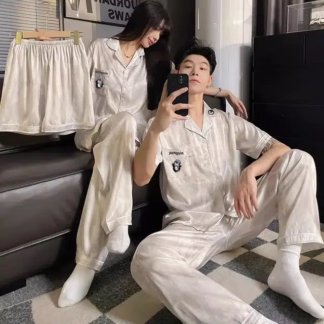 俏韵 翻领冰丝凉感时尚家居服可外穿睡衣套装 男女同款