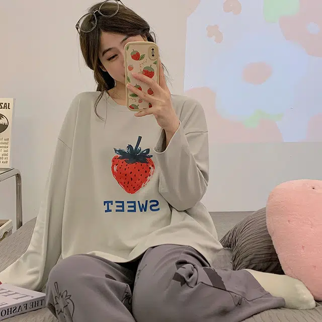 俏韵 圆领春秋季仿棉长袖简约印花休闲甜美可爱薄款舒适家居服可外穿睡衣套装 女款