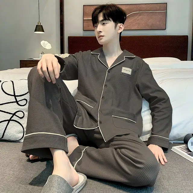 俏韵 翻领秋春季长袖开衫休闲简约薄款家居服可外穿睡衣套装 男款
