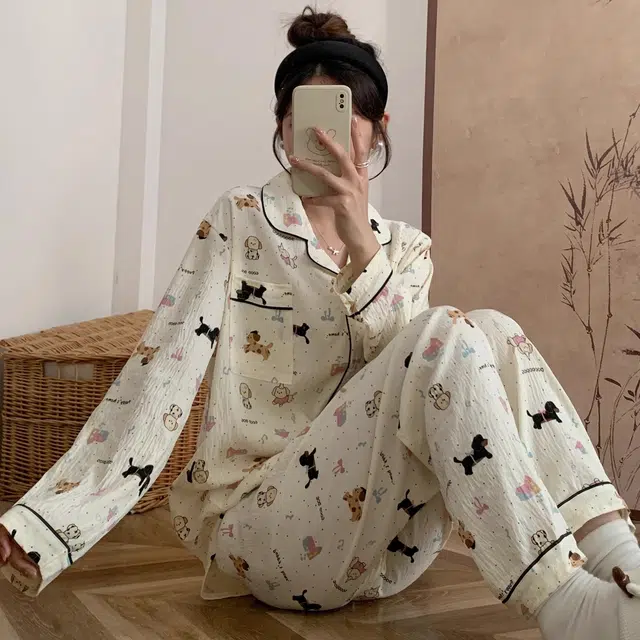 俏韵 翻领卡通小狗春秋季长袖长裤甜美印花可爱薄款家居服可外穿睡衣套装 女款