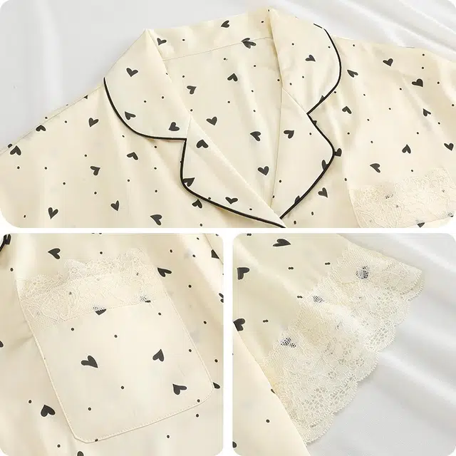 俏韵 翻领夏季冰丝舒适短袖三件套甜美爱心薄款凉感家居服可外穿睡衣套装 女款