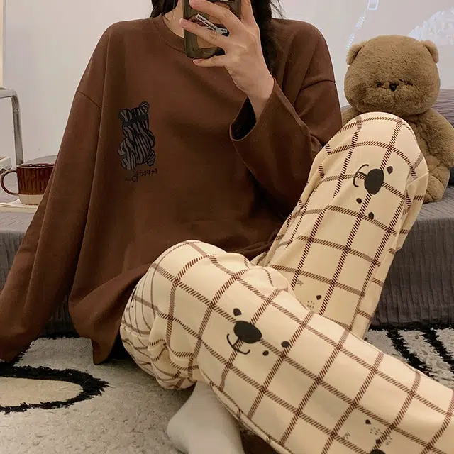 俏韵 圆领春秋季仿棉长袖简约印花休闲甜美薄款舒适家居服可外穿睡衣套装 女款