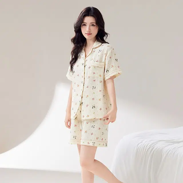 俏韵 翻领熊猫夏季纯棉甜美短袖短裤舒适薄款家居服可外穿睡衣套装 女款