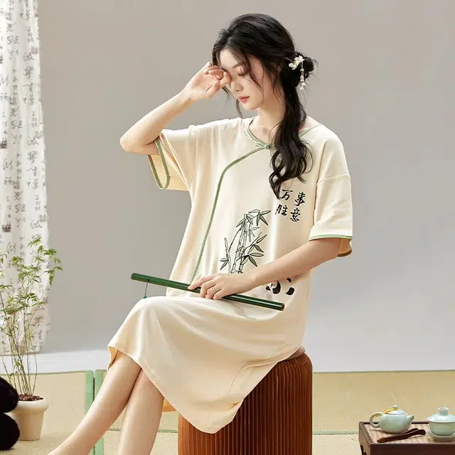 俏韵 圆领夏季熊猫短袖简约甜美国风中长款家居服可外穿睡裙 女款