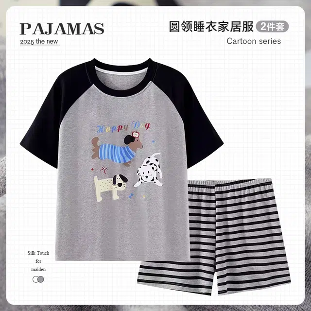 俏韵 圆领卡通腊肠狗甜美风宽松短袖短裤家居服可外穿睡衣套装 女款