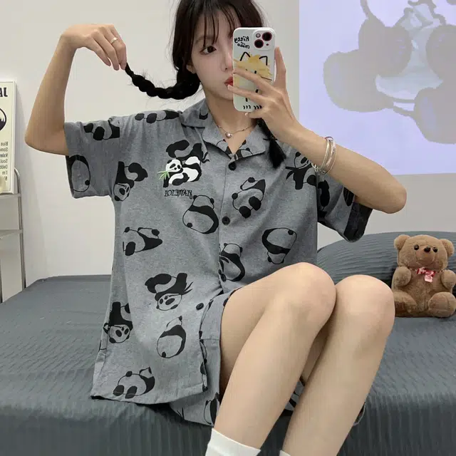 俏韵 翻领卡通熊猫高级感短袖凉感薄款家居服可外穿睡衣套装 男女同款