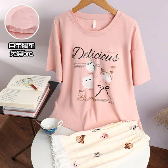 俏韵 圆领卡通短袖可爱套头带胸垫家居服可外穿夏季睡衣套装 女款