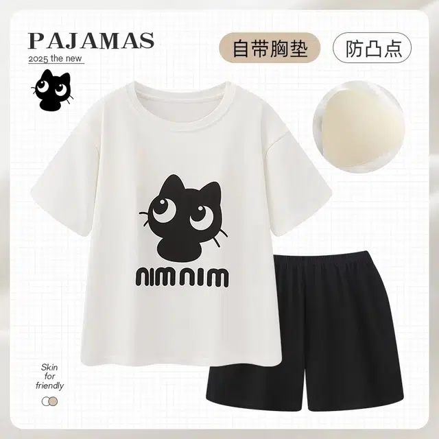 俏韵 圆领带胸垫卡通短袖三分裤薄款家居服可外穿夏季睡衣套装 女款