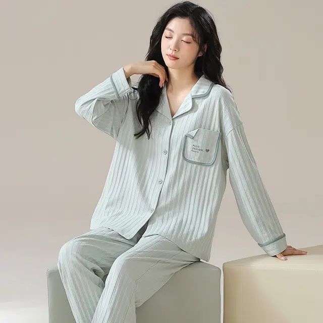 俏韵 翻领春秋季简约长袖开衫甜美可爱休闲舒适薄款家居服可外穿睡衣套装 女款