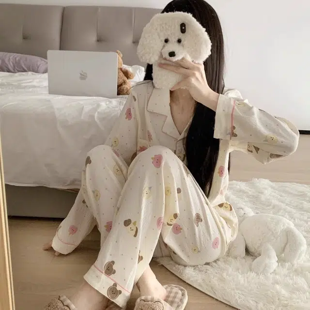 俏韵 翻领卡通小熊春秋季印花长袖长裤甜美可爱薄款家居服可外穿睡衣套装 女款