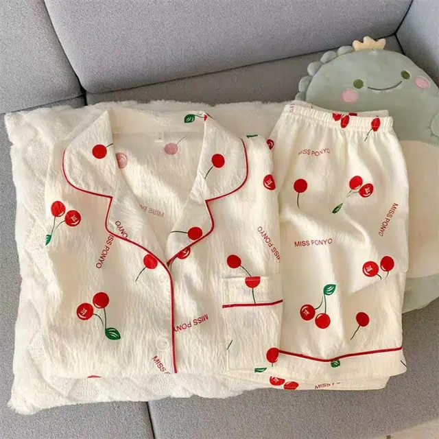 俏韵 翻领夏季云朵棉开衫短袖短裤甜美可爱家居服可外穿睡衣套装 女款