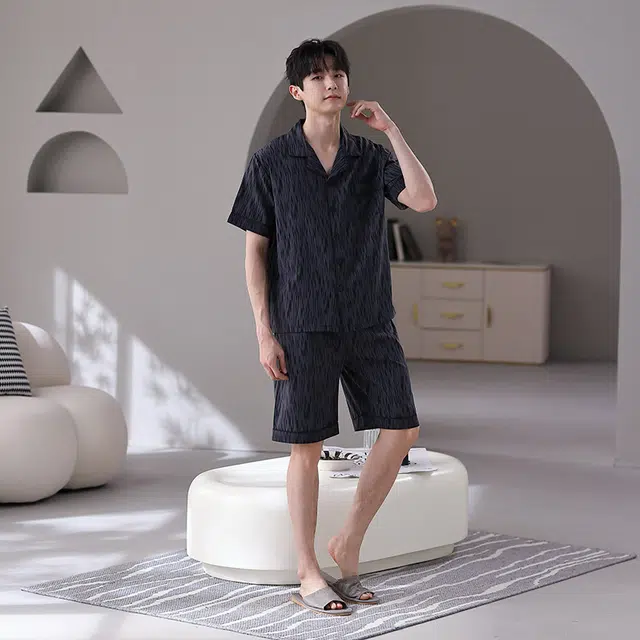 俏韵 舒适短袖短裤冰丝翻领家居服睡衣套装 男款 深蓝色