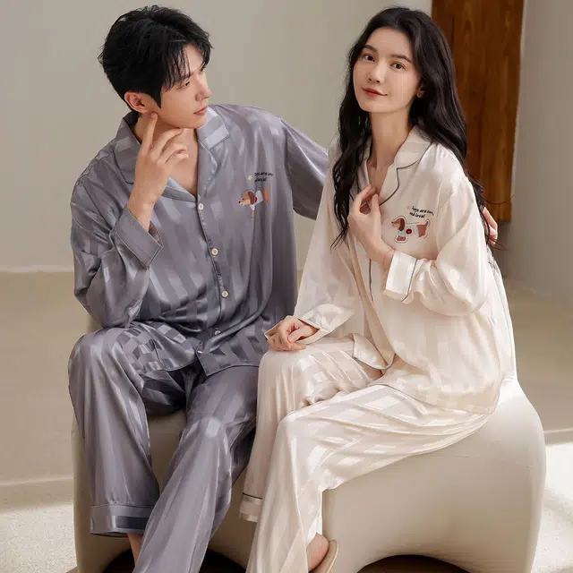 俏韵 翻领卡通春秋季冰丝简约长袖长裤甜美印花可爱舒适家居服可外穿睡衣套装 男女同款
