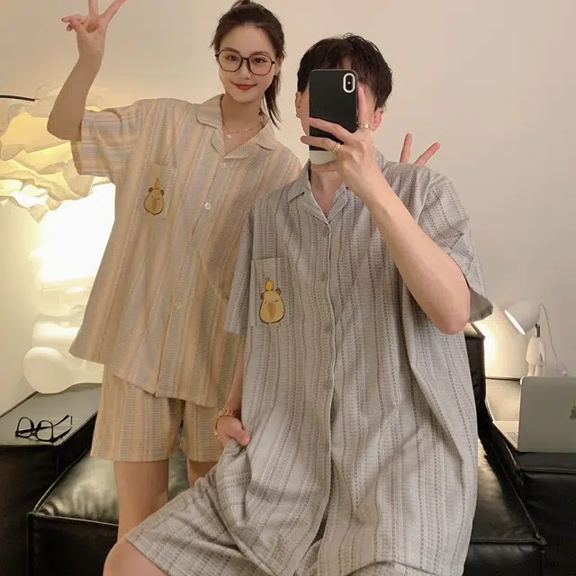 俏韵 翻领卡通短袖卡皮巴拉薄款家居服可外穿睡衣套装 男女同款