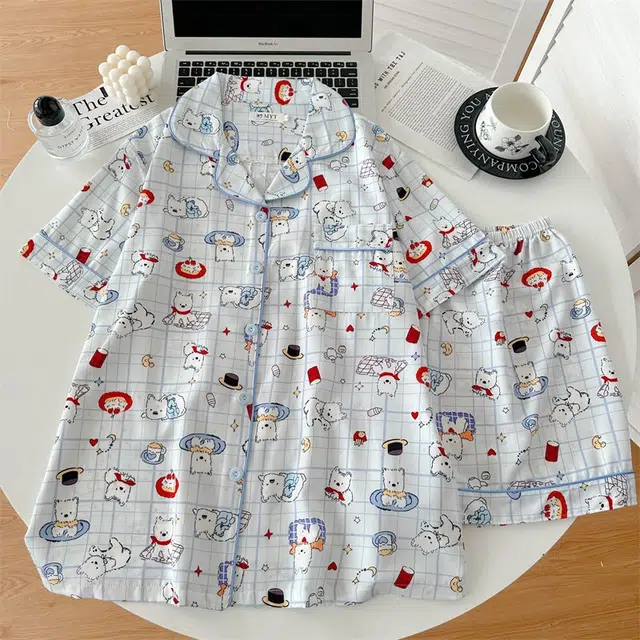 俏韵 翻领卡通夏季冰丝甜美短袖可爱薄款家居服可外穿睡衣套装 女款