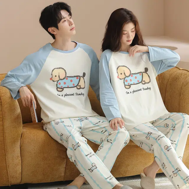 俏韵 圆领卡通春秋季纯棉简约长袖长裤甜美可爱舒适薄款家居服可外穿睡衣套装 男女同款