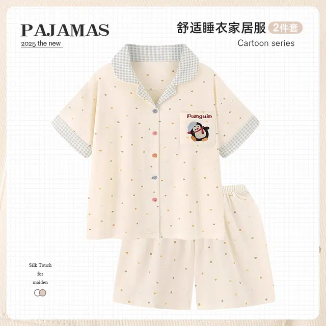 俏韵 翻领卡通企鹅夏季纯棉甜美波点短袖短裤休闲舒适薄款家居服可外穿睡衣套装 女款