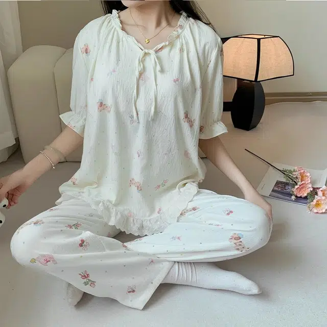 俏韵 圆领卡通小狗短袖长裤三件套薄款舒适家居服可外穿睡衣套装 女款