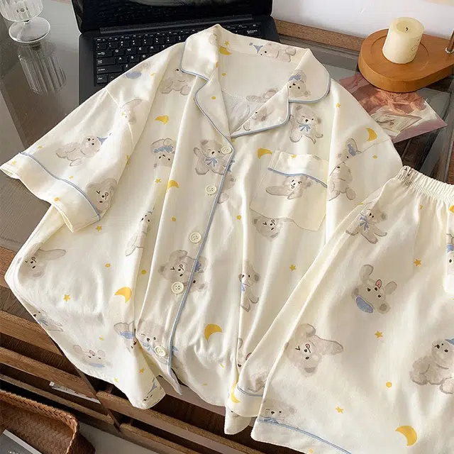 俏韵 舒适亲肤小熊短袖可爱家居服睡衣套装 女款 杏色