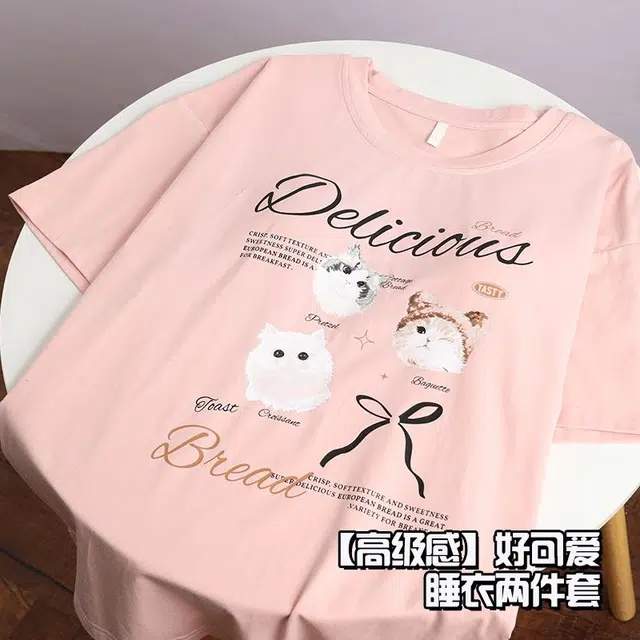 俏韵 圆领卡通短袖可爱套头带胸垫家居服可外穿夏季睡衣套装 女款