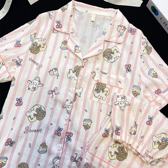 俏韵 翻领卡通条纹夏季云朵棉甜美短袖短裤舒适薄款家居服可外穿睡衣套装 女款